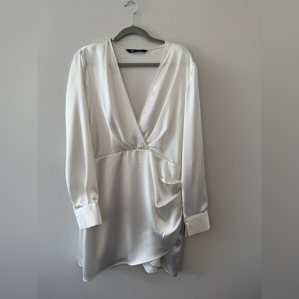 Zara Ivory Satin V-Neck Dress